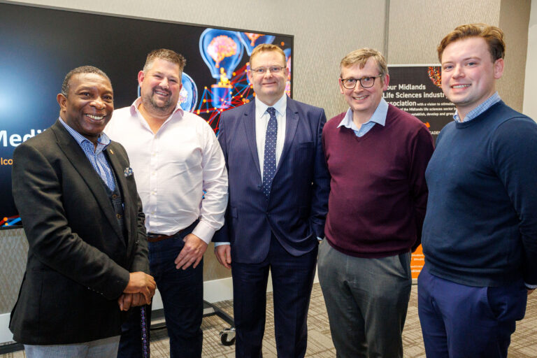 (L-R) Professor Martin Levermore MBE DL, Chair Medilink Midlands, Adam Townsend, Founder of Vuit, Simon Himsworth, Medilink Midlands Chief Executive, Dave Seaward, 3P Innovation Founder and Ben Roberts, West Midlands Innovation Adviser and Sustainability Lead at Medilink Midlands